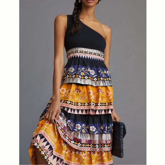 Anthropologie Dresses & Skirts - 🐘Anthropologie Embroidered Midi Dress One-Shoulder Tiered Dress New 8 Black